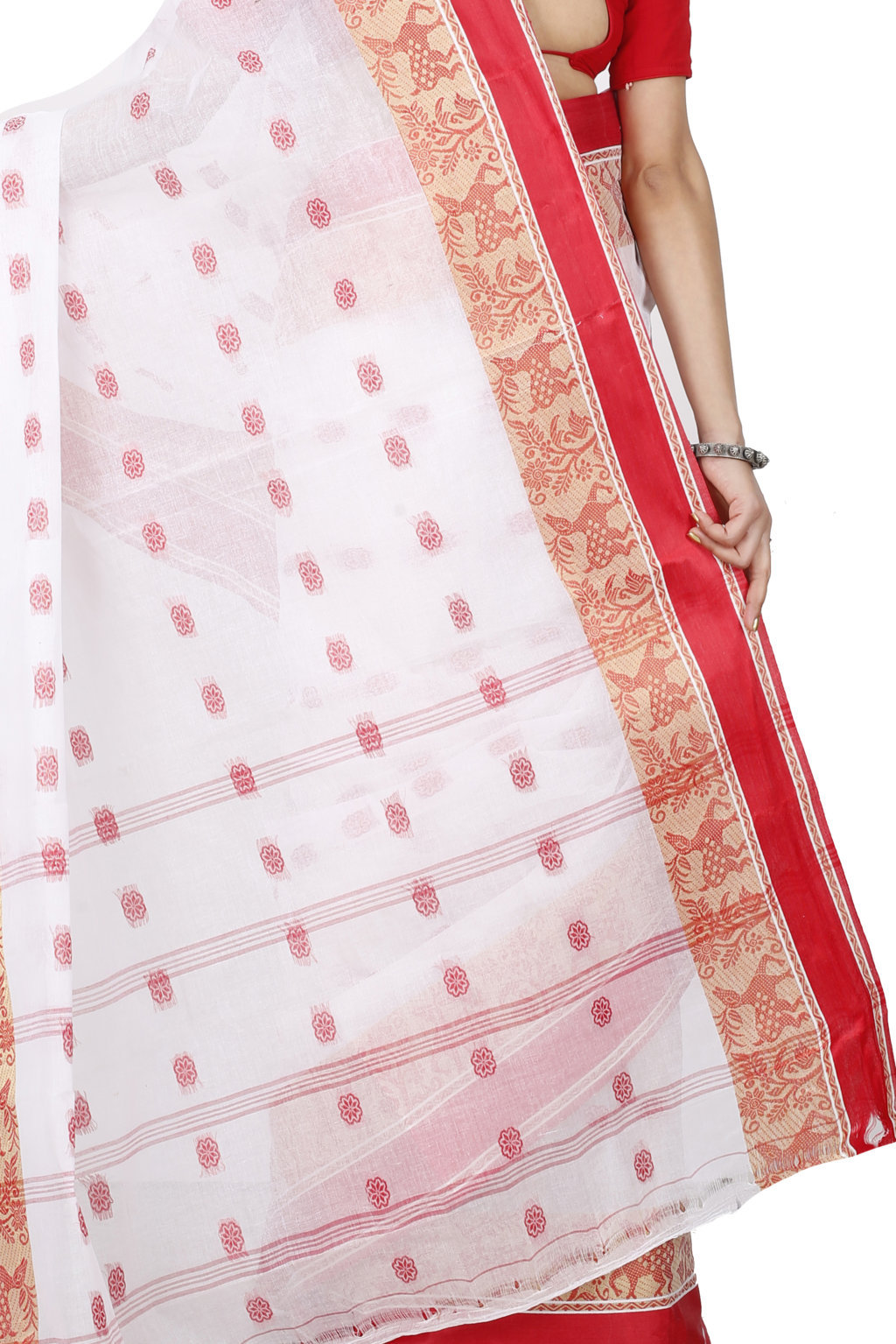 White Red Pure Cotton Sadasob Tant Saree (1027)